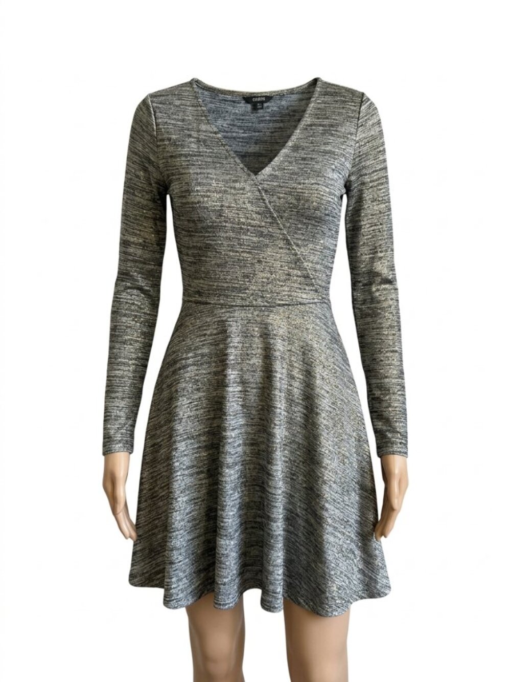 GUESS Metallic Space Dye Long Sleeve Faux-Wrap Skater Dress - Size XS